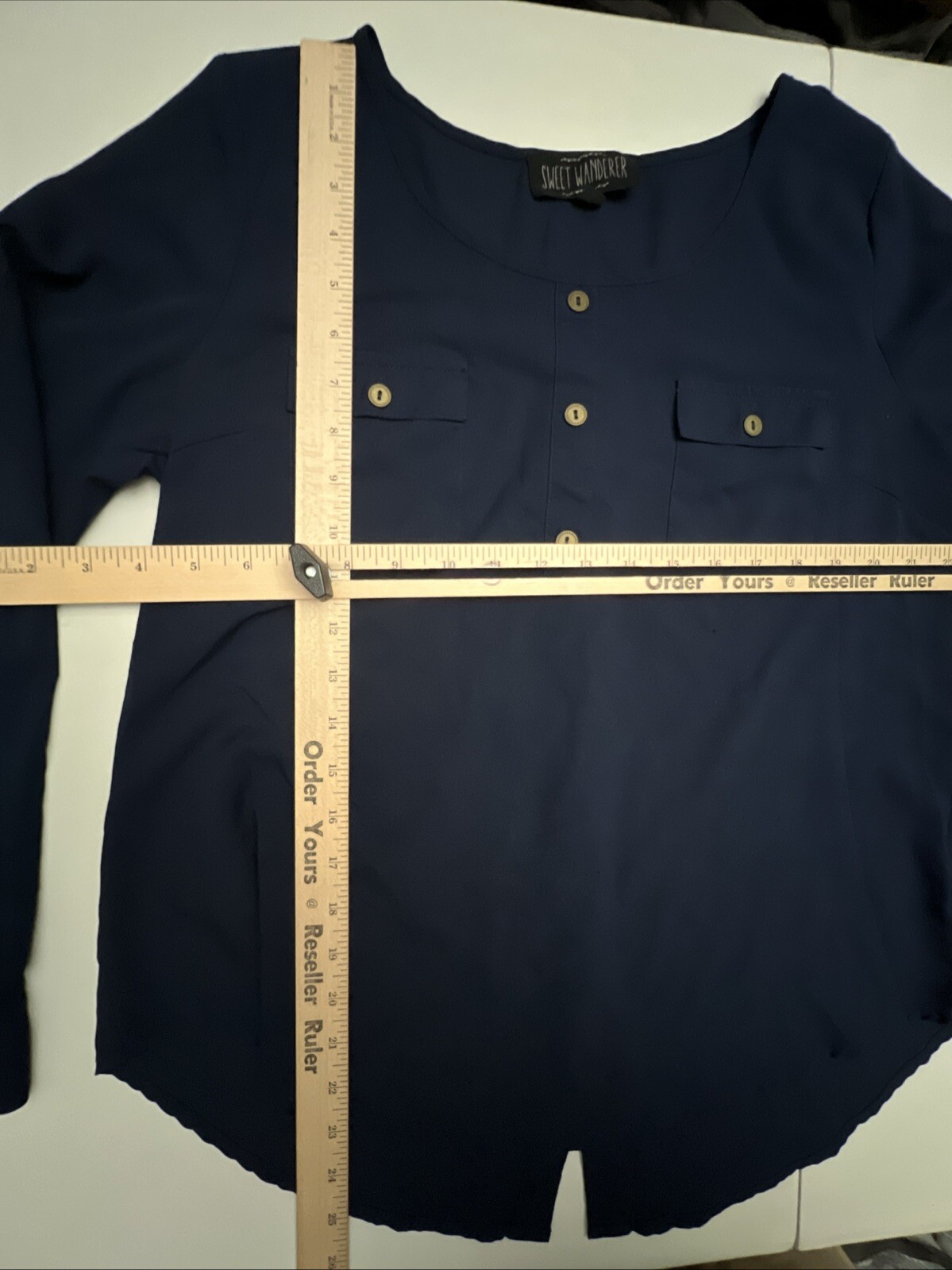 Sweet Wanderer Blouse Women’s Large Lightweight Navy Blue Long Roll Tab Sleeve