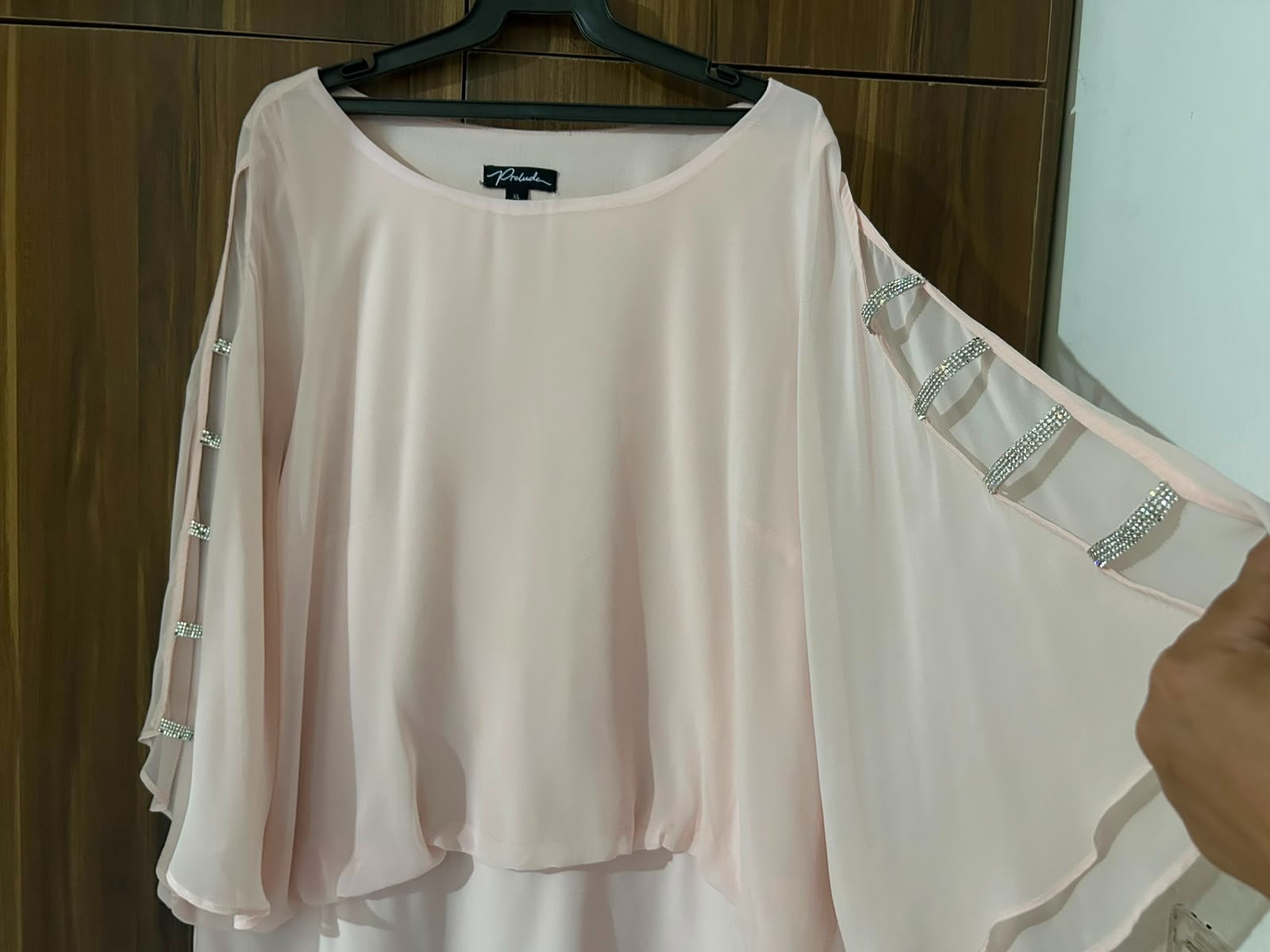 Prelude Blush Pink Rhinestone Ladder Cold Shoulder Chiffon Layered Blouse XL
