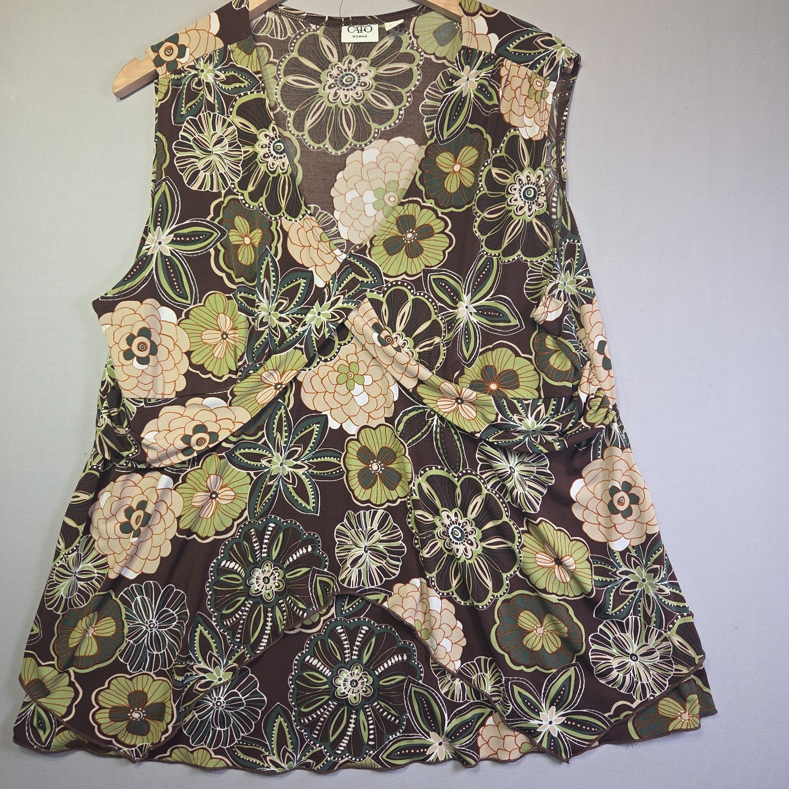 Cato Woman 18/20W Sleeveless Floral Asymmetrical Layered Tunic Top Brown Green P