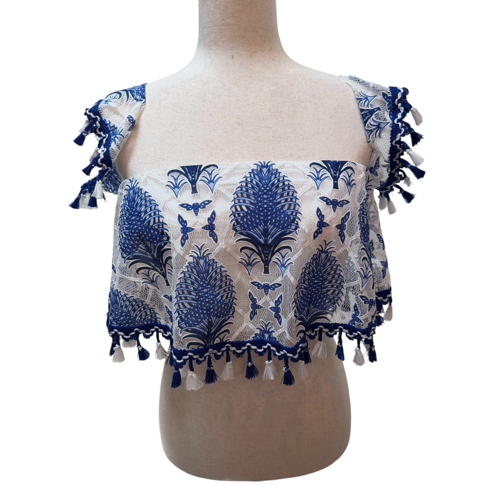 Aura Blue White Lace Bee Print Tassel Trim Crop Top Size L Boho Festival