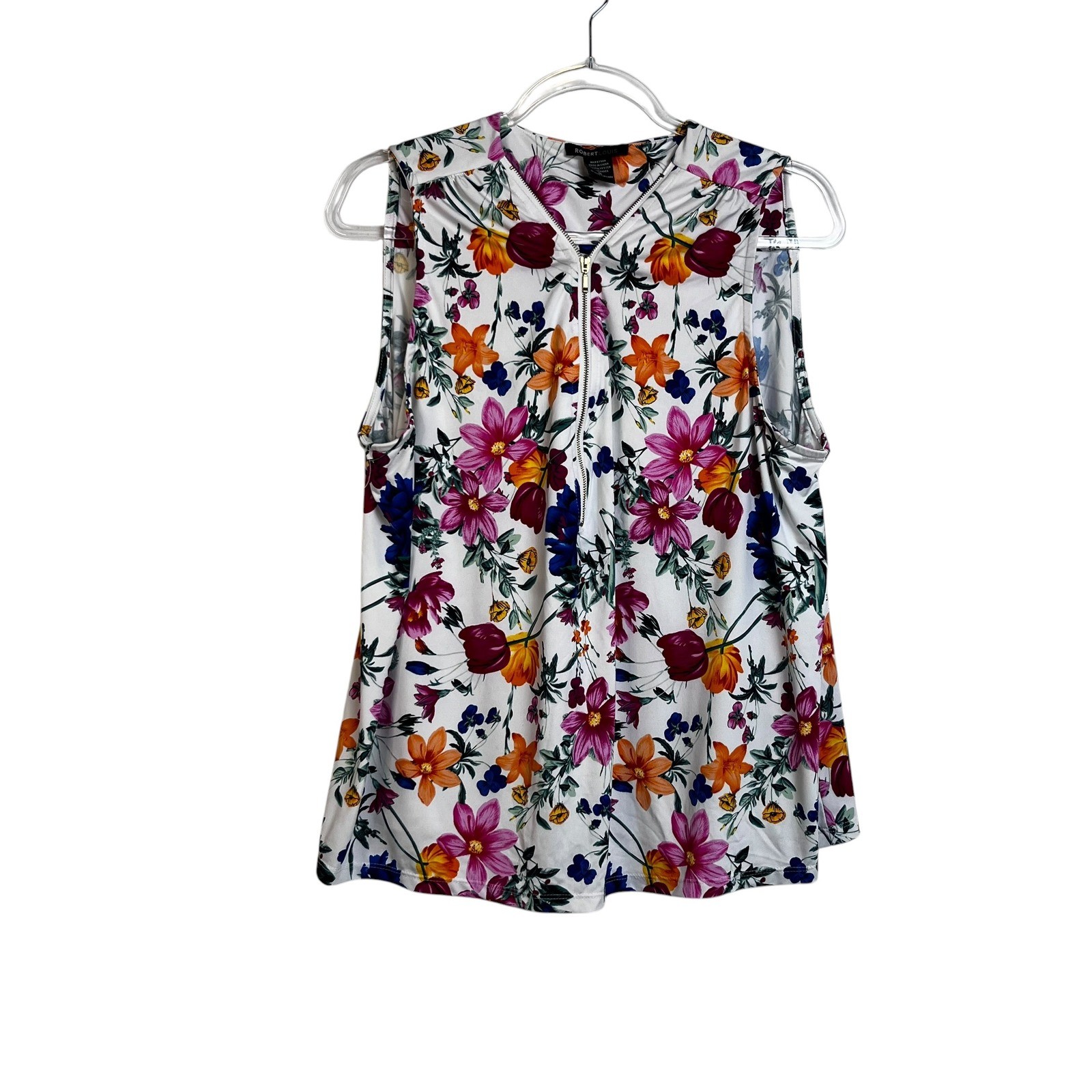Robert Louis Floral Liquid Knit Sleeveless Half Zip Blouse White Multicolor XL