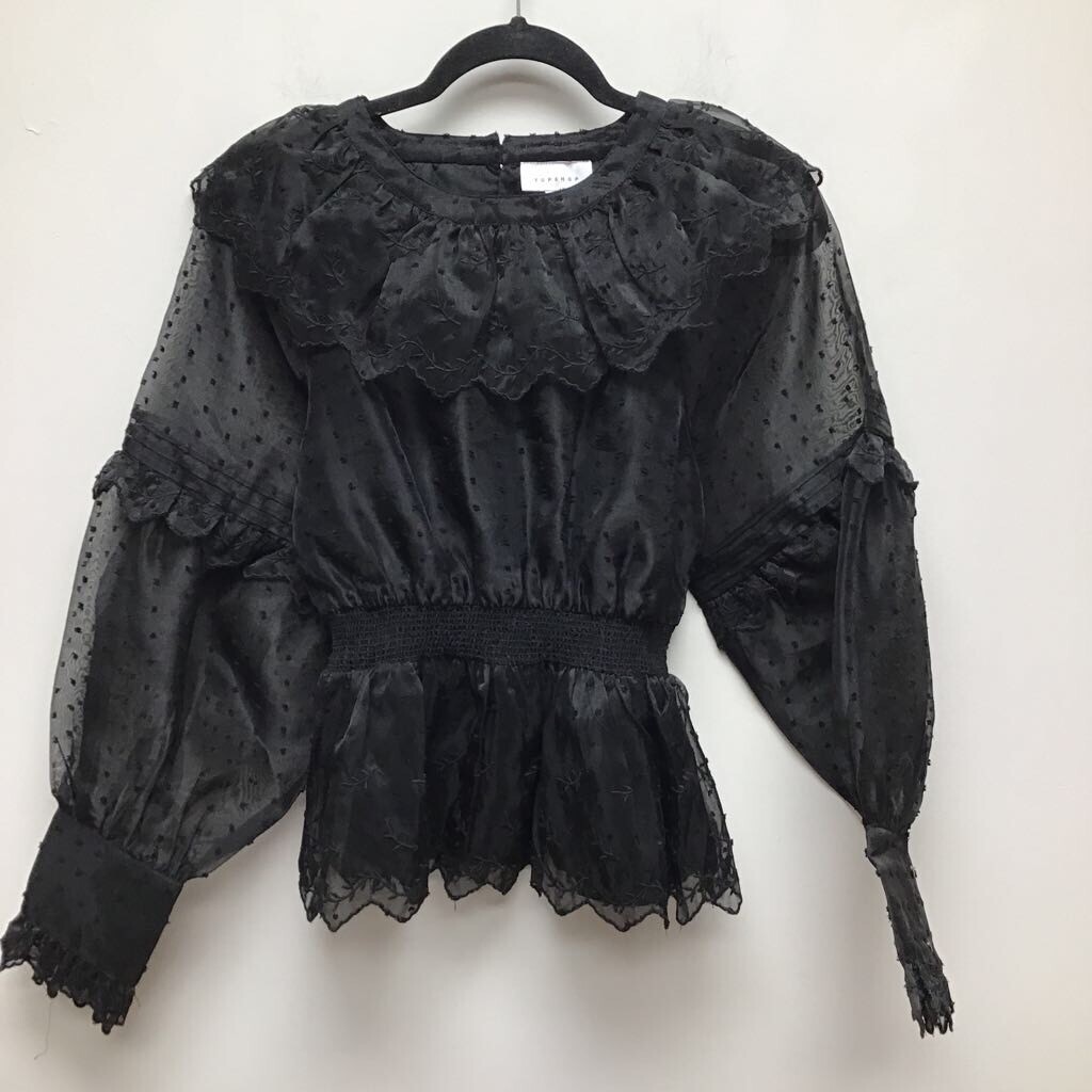 Topshop Womens Dobby Shirred Waist Peplum Top Black Textured Bishop Ruffle 2 New