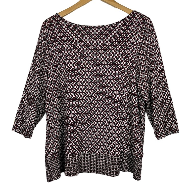 Womens J. Jill Wearever Large Petite Geometric Print Pull on Top Maroon Navy