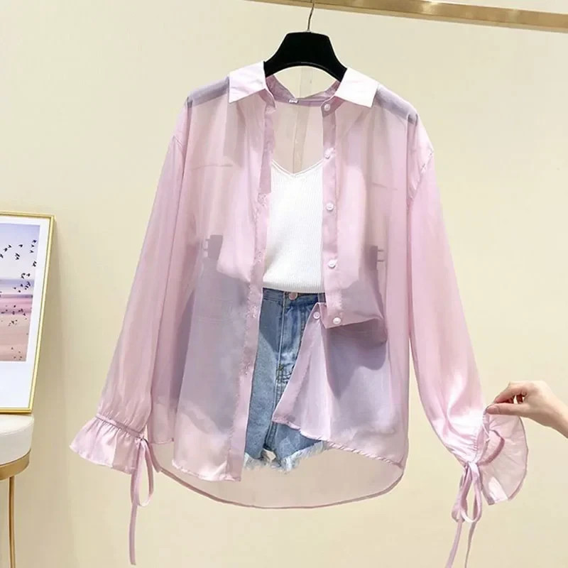 Women’s Sheer Chiffon Blouse Loose Button Up Long Sleeve Summer Shirt Top