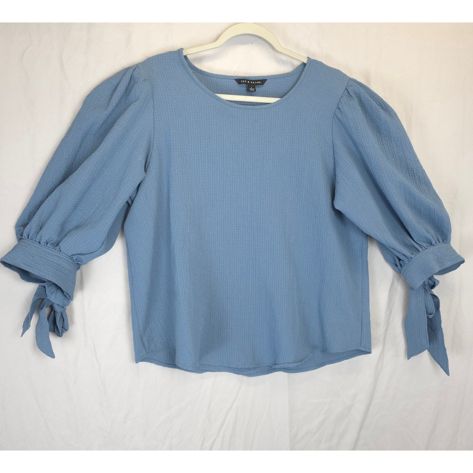 ZAC & RACHEL Blue Textured Puff Sleeve Tie Cuff Blouse Women L Workwear Chic