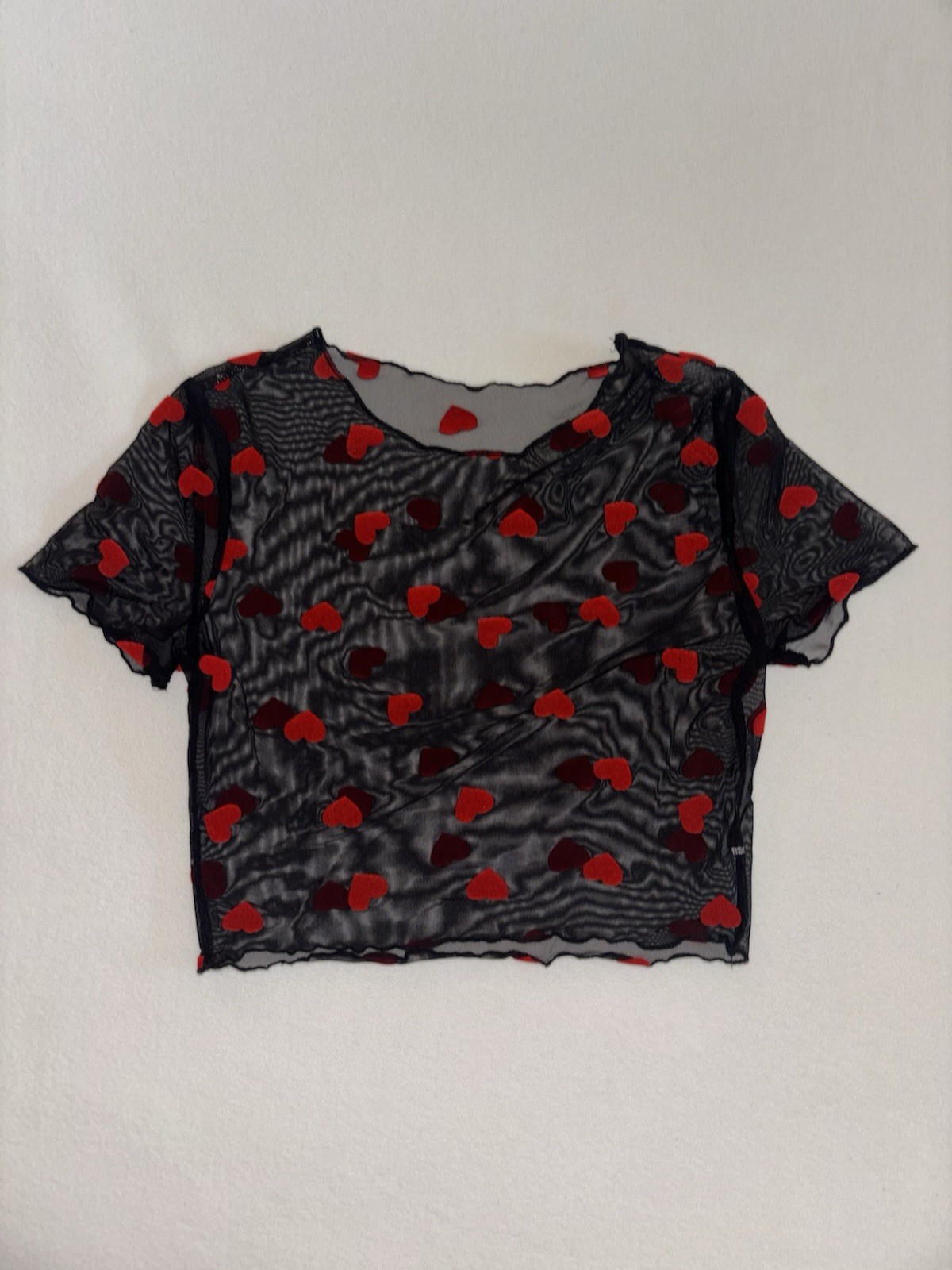 Black Sheer Mesh Heart Crop Top Red Velvet Flocked Hearts Short Sleeve Y2K XS S