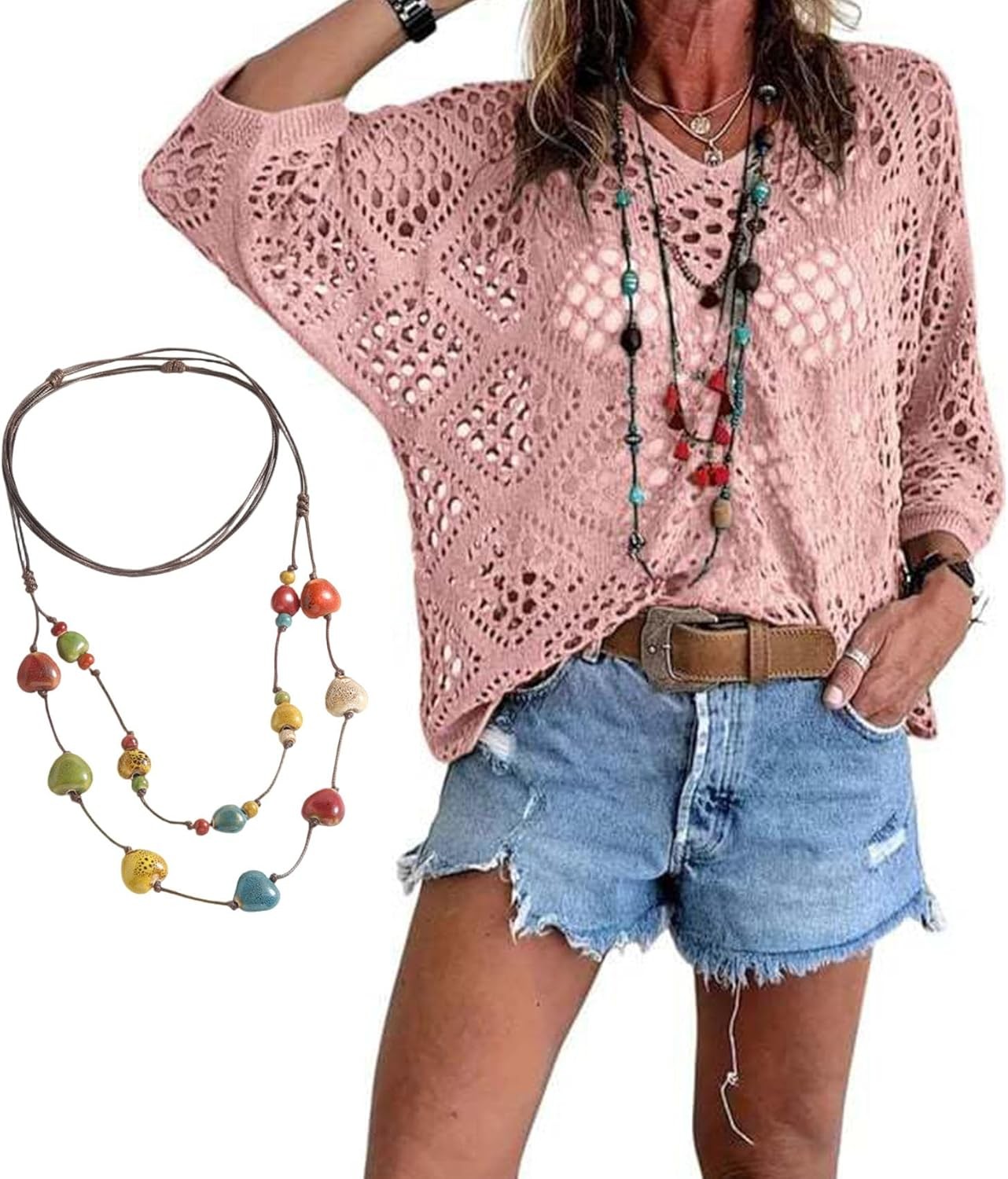 Women’s Bohemian-Inspired Beige Crochet Top with V-Neck