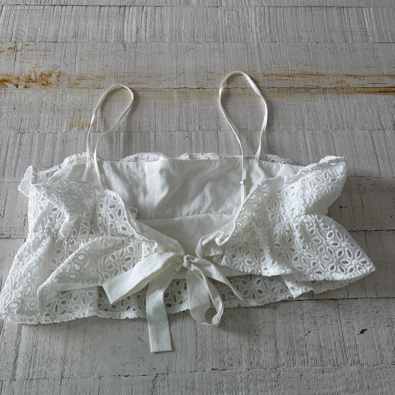 Hello Molly size 8 L.A. On My Mind White Eyelet Ruffle Crop Top Tie Back