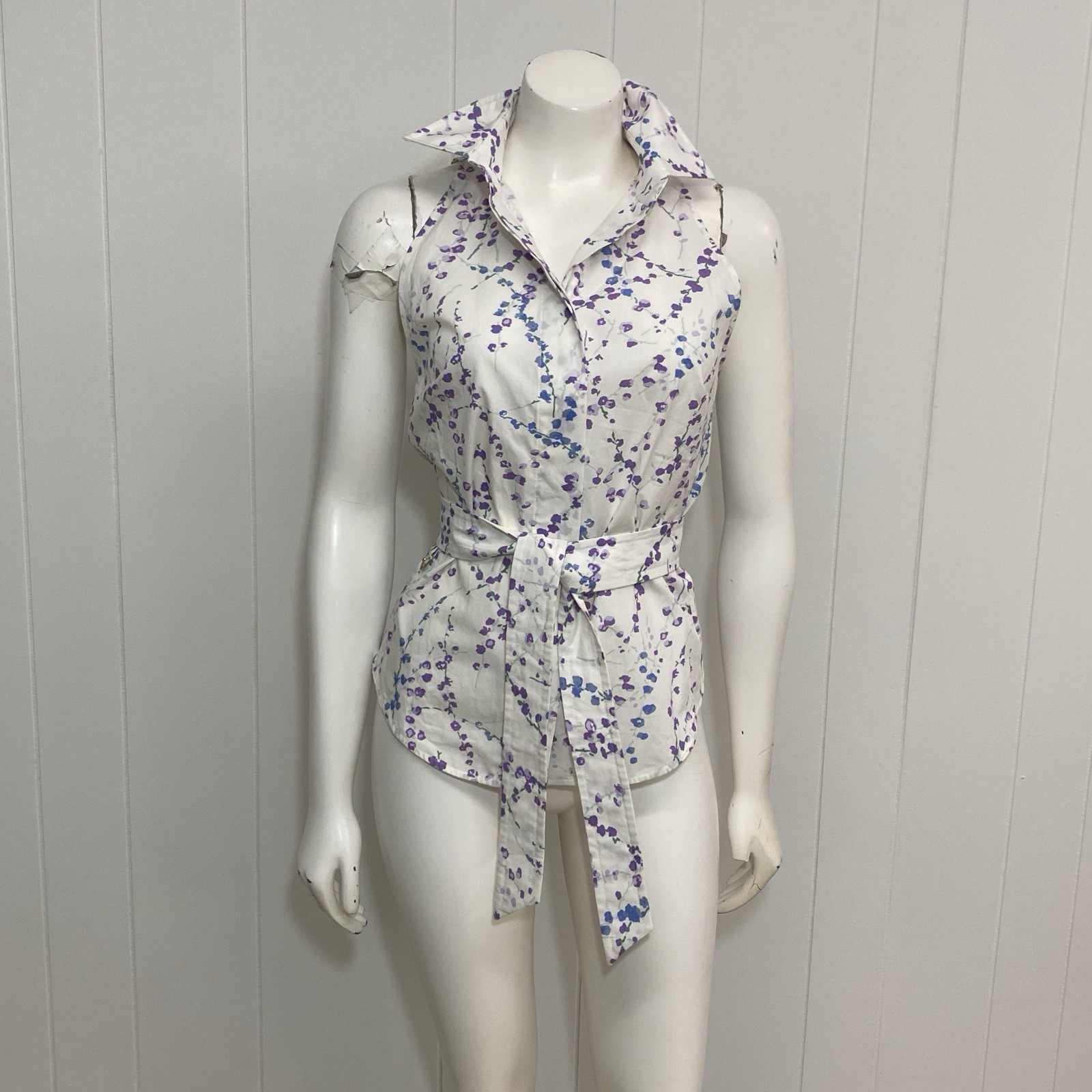 Max Mara Top Womens 8 White Floral Cotton Button Sleeveless Self Tie Chic Italy