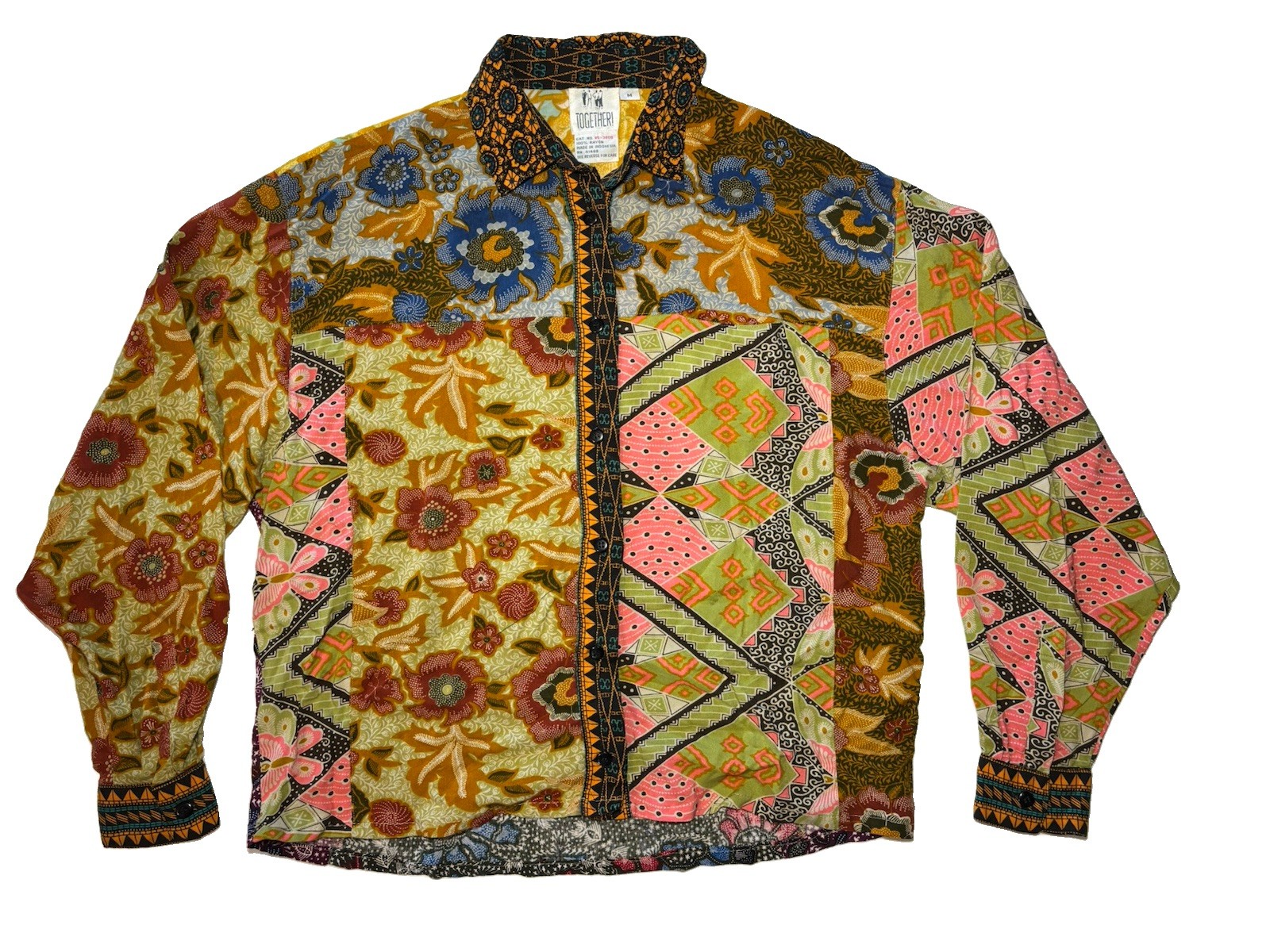 Vtg Together! 80s 90s Mixed Patchwork Print Blouse Shirt Womens M Hippie Floral