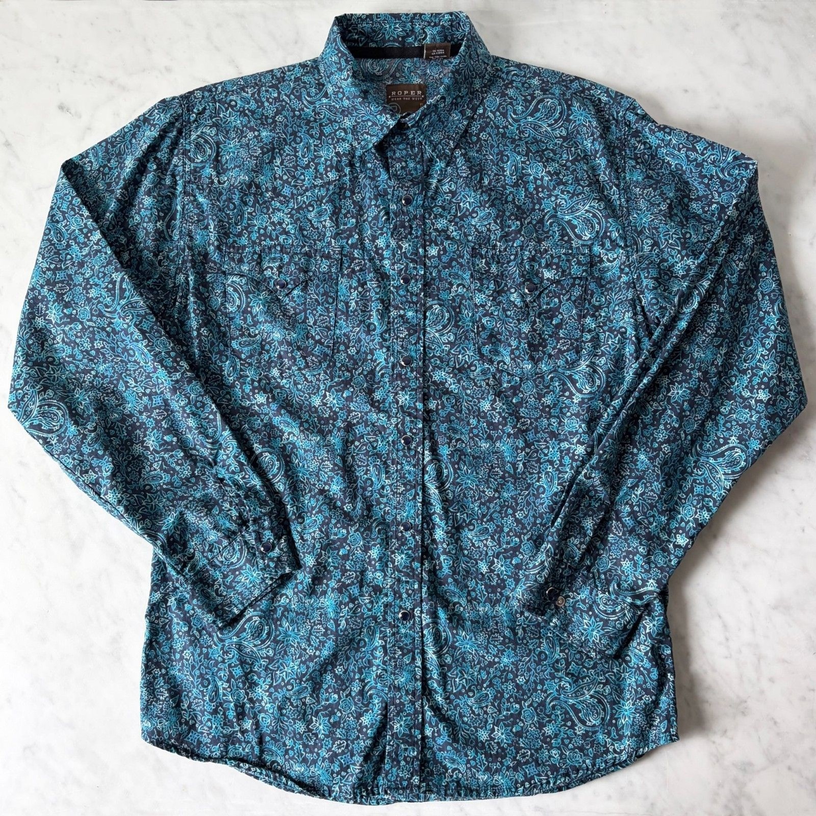 Roper Western Shirt Womens XL 16-18 Blue Paisley Snap Front Cowboy Rodeo