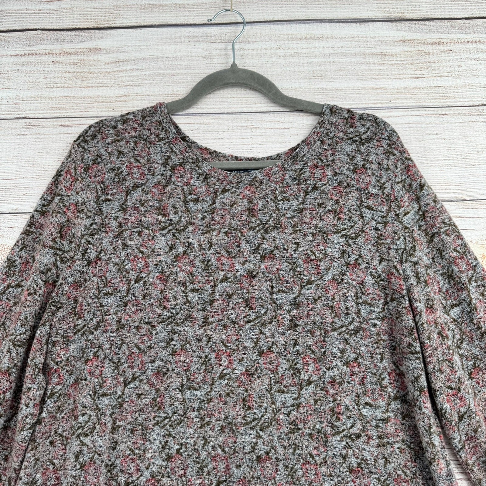 Lucky Brand Floral Knit Long Sleeve Blouse Womens XL Gray Green Pink
