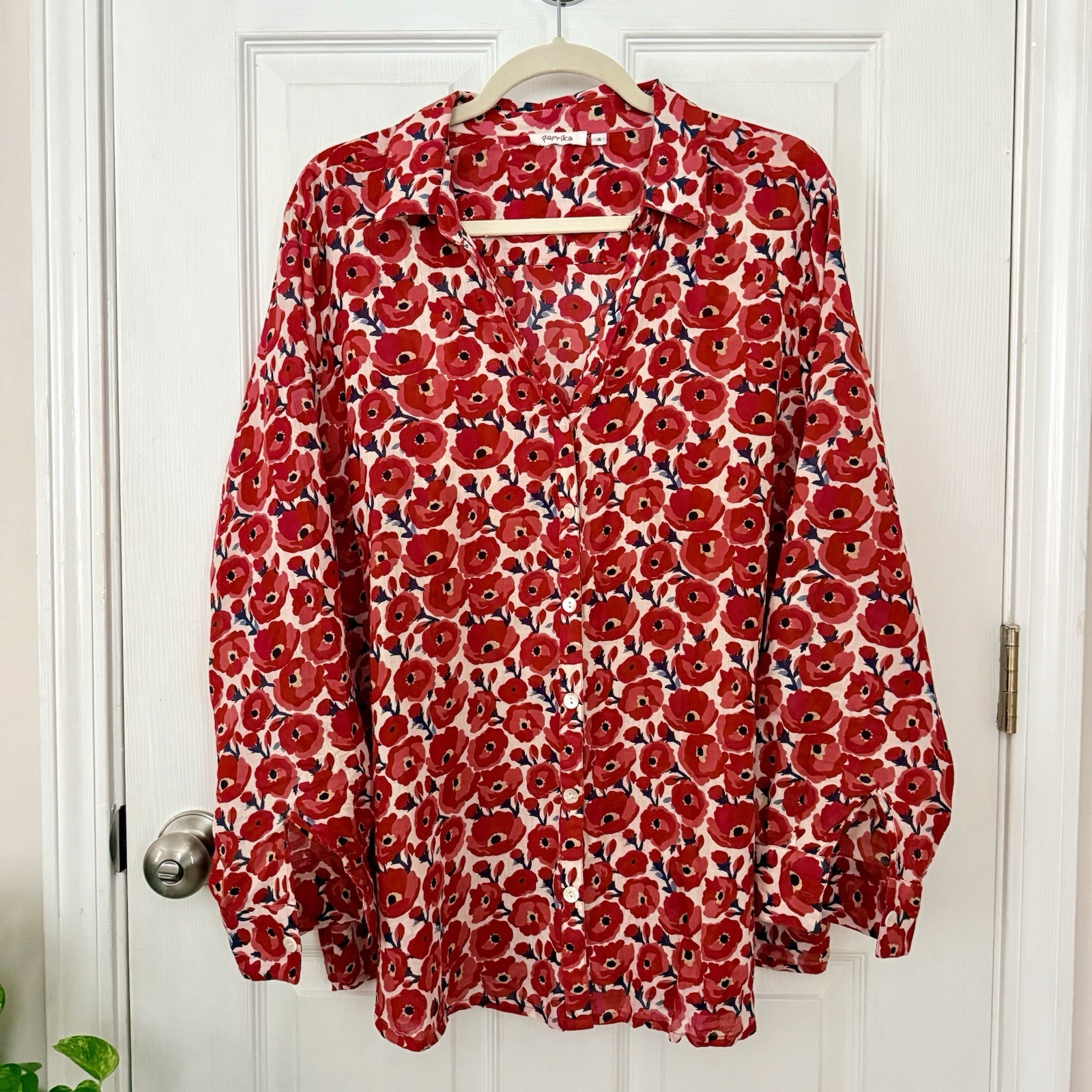Paprika 100% Cotton Red Poppy Floral Lightweight Button Front Shirt Size XL