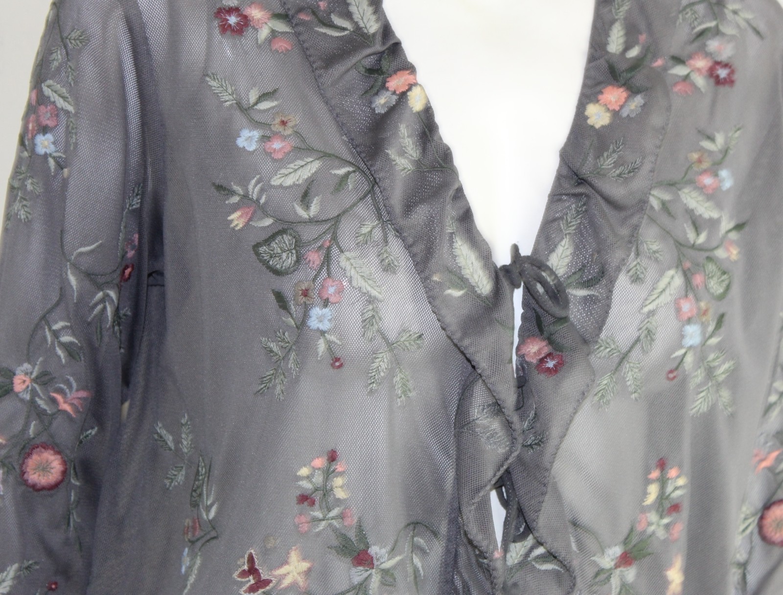 j.jill S Gray Vintage Frilly Embroidered Feminine Mesh Cardigan Topper Jacket