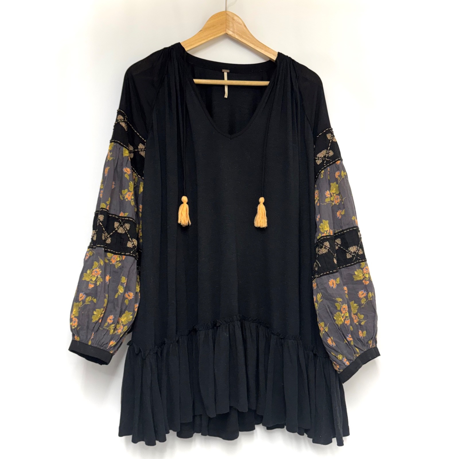 Free People Mix It Up Tunic Flowy Blouse Top Linen Blend Boho Floral Black, sz S