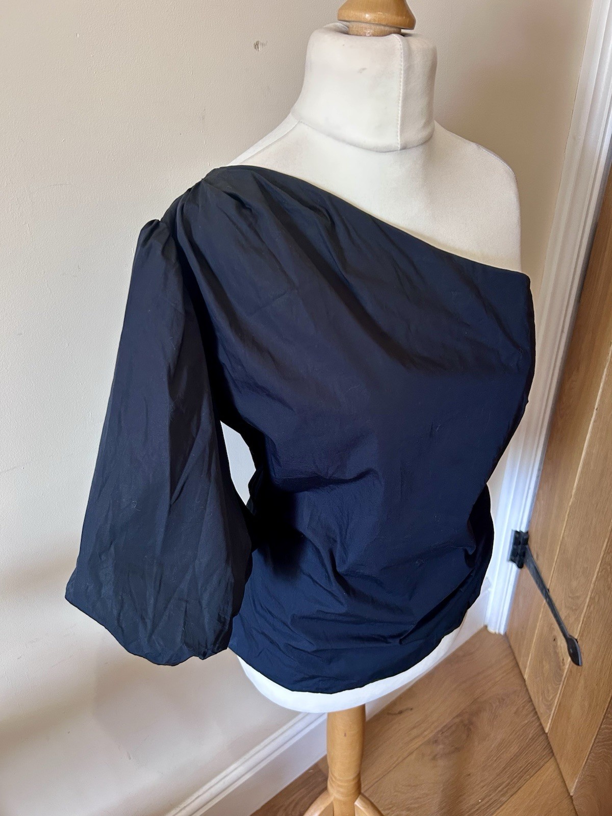 Marks And Spencer Cotton One Shoulder Puff Sleeve Top Black Size 14