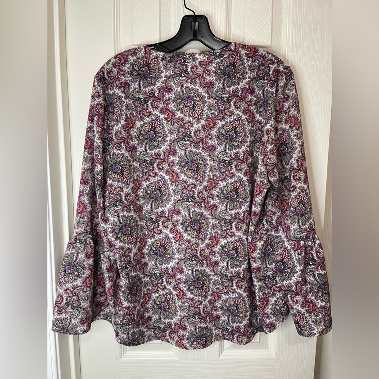 J Crew Purple Pink Colorful Preppy Paisley Boho V neck Bell Sleeve Shirt size XL