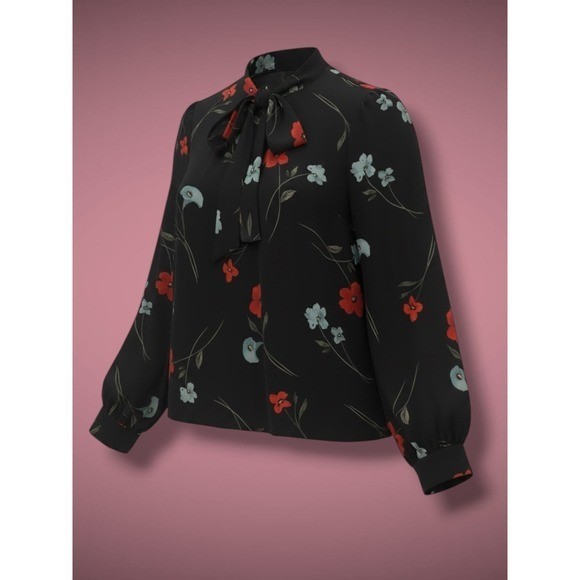 CeCe Floral Tie Neck Long Sleeve Polyester Blouse Rich Black L