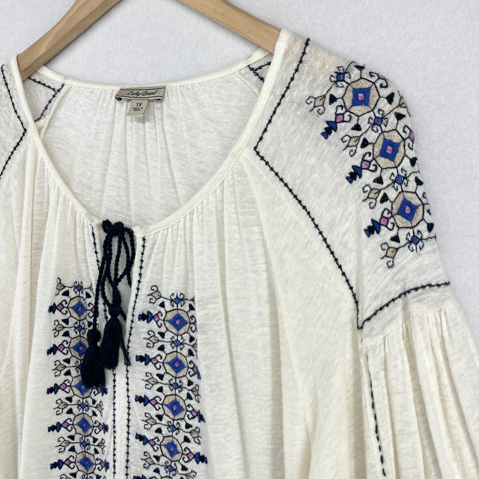 LUCKY BRAND Top 1X Plus Boho Peasant Tunic Tassel Tie Slub Linen Blend Off White