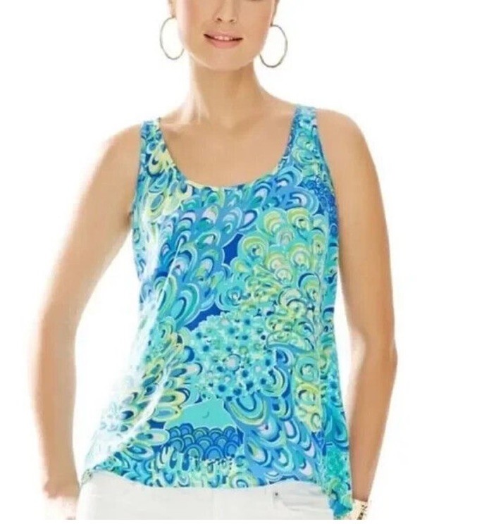 Lilly Pulitzer Women Aerial Silk Top Sea Blue Lagoon SMALL Sleeveless Back Zip