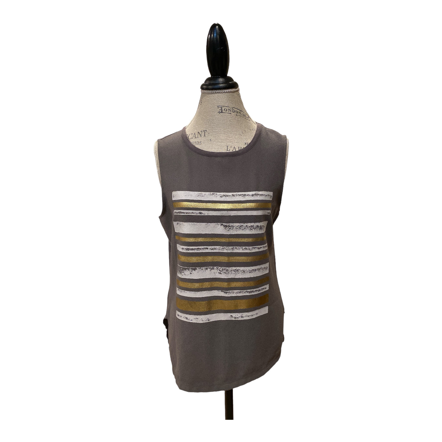 Ann Taylor Loft Outlet Sleeveless Blouse Gray w/ White & Gold Women’s Size M