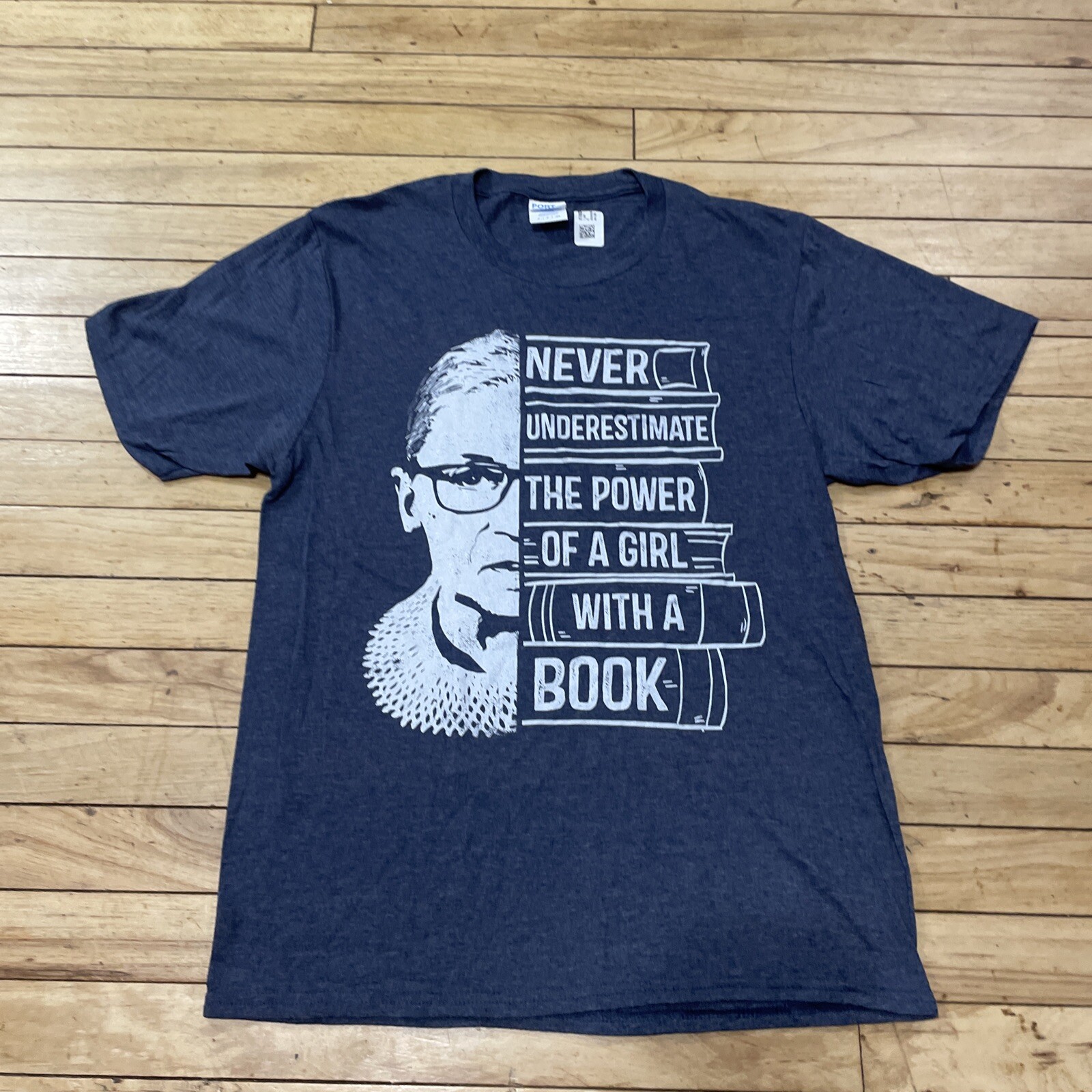 PORT COMPANY T Shirt Adult S Never Underestimate Girl Power Book Nerdy BlueGray