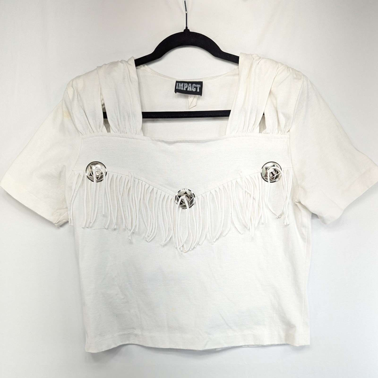 Vintage Impact Western Fringe Concho Top Off White Square Neck Short Sleeve L