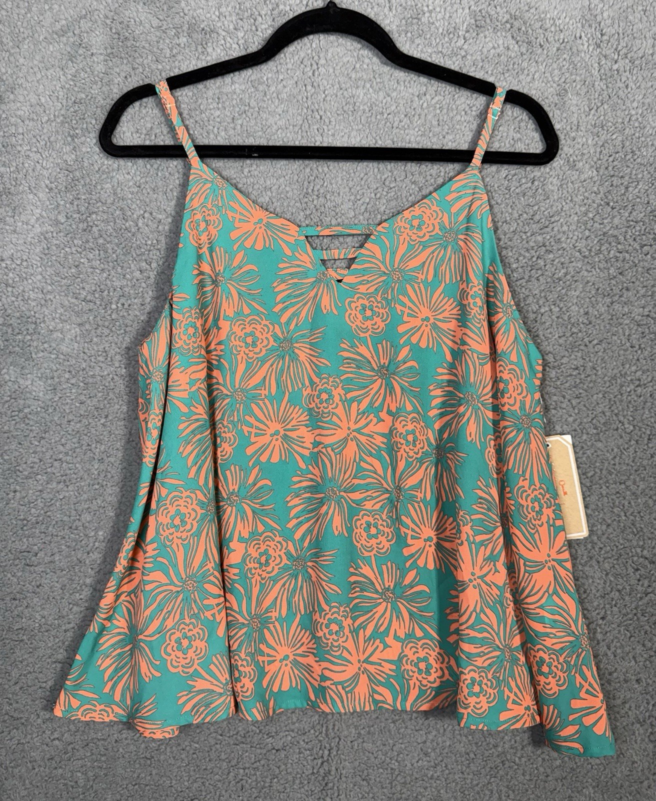 Tank Top Teal & Orange Floral XL NWT Strappy Sexy V-Neck Summer, Copper key