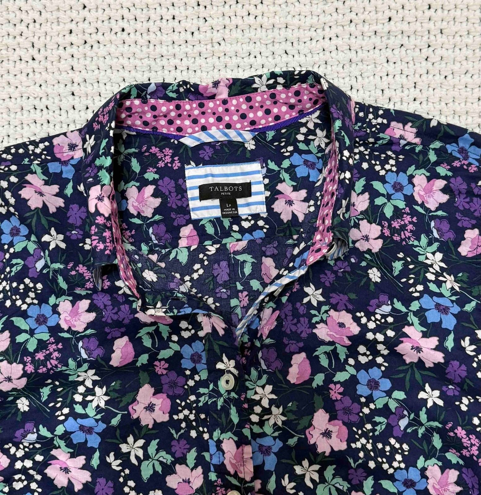 Talbots Blouse Lp Navy with Pink/Purple/Green Floral Long Sleeves Button-Up EUC