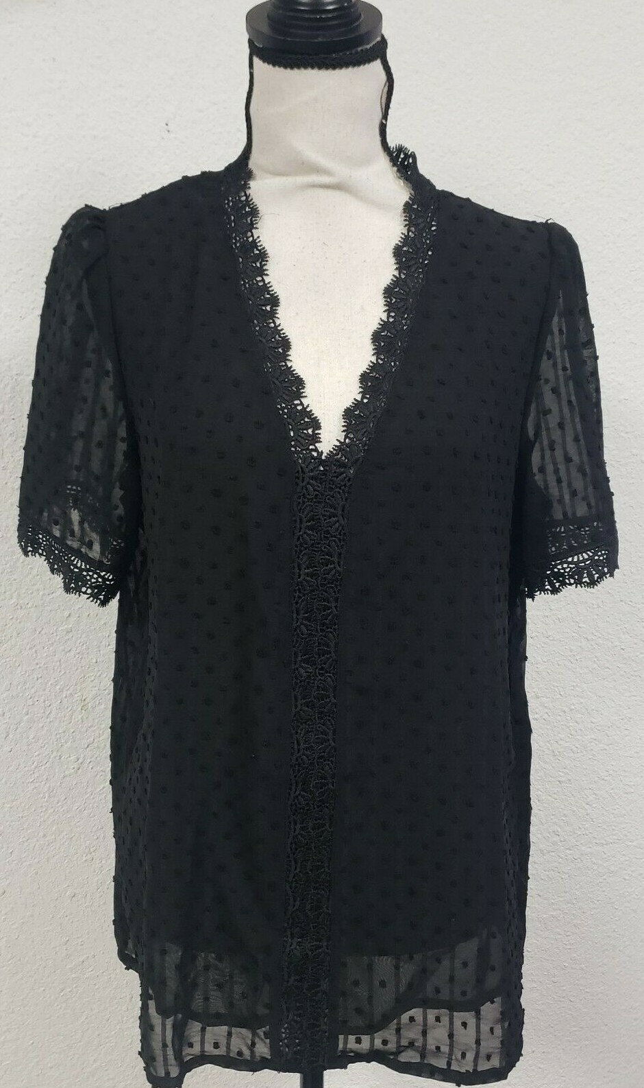 Astylish Women’s Sexy Lace V Neck Tops Casual Jacquard Pom Pom Blouse, Black, M