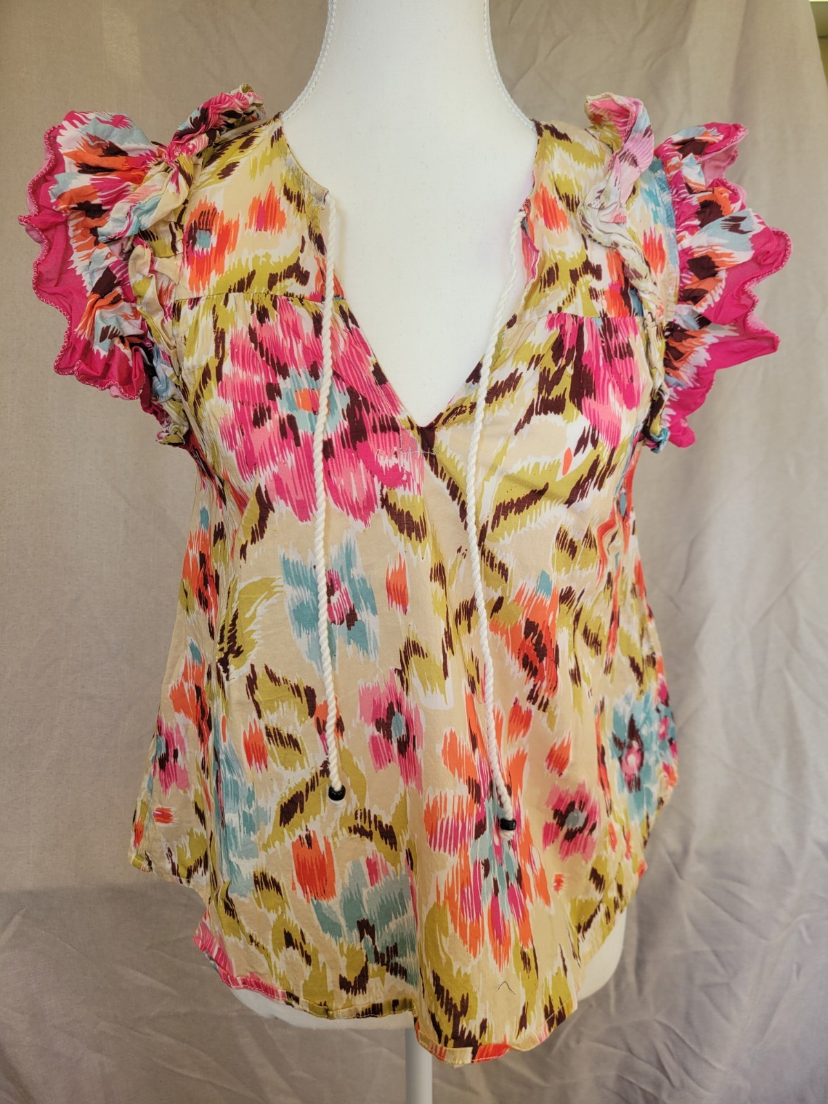 House of Harlow 1960 Multicolor Abstract Cotton Woven V-Neck Ruffle Blouse S