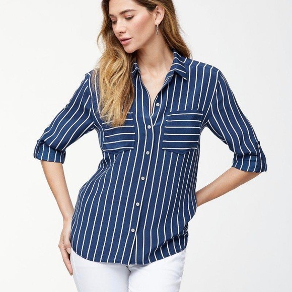 Tommy Bahama 100% Silk Striped Blouse Women M Navy Blue Coastal Quiet Luxury