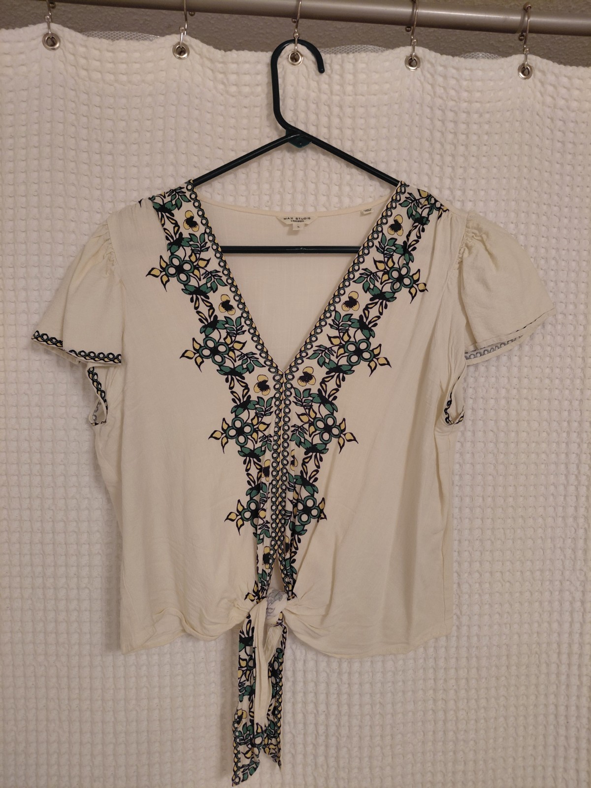 Tie Top with green and blue and yellow detail- L- max studios