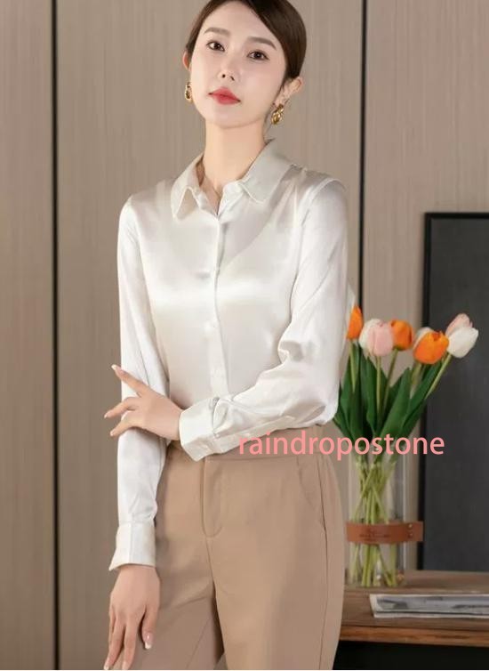 Imitated Silk Satin Long Sleeve Button Down V Neck Workwear Blouse Top Shirts