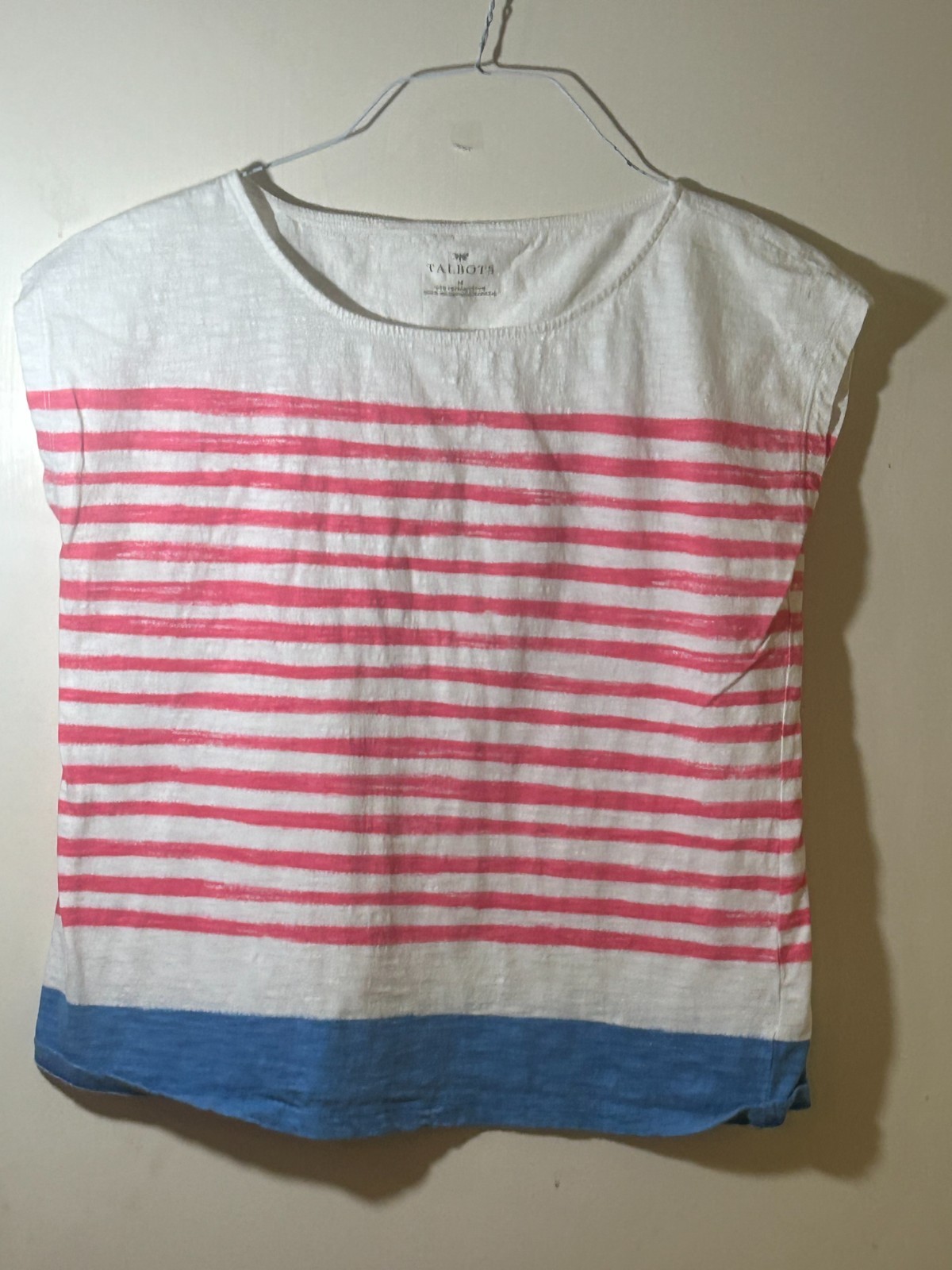 Talbots Women’s M 100% Cotton Striped Top Pink White Blue Short Sleeve