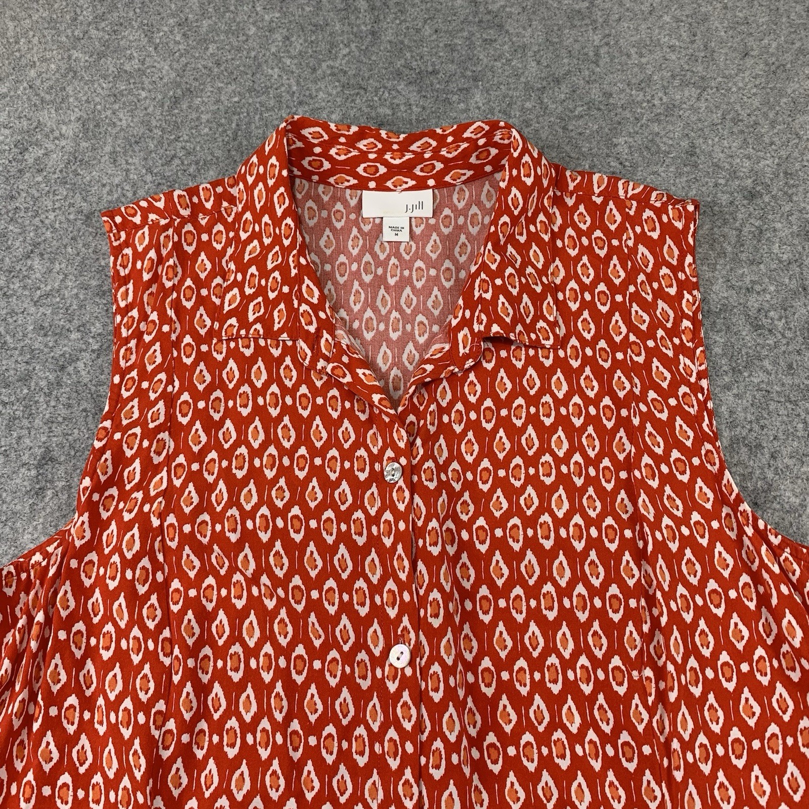 J Jill Women’s Sleeveless Tunic Size Medium Orange Ikat Print Button Front Rayon