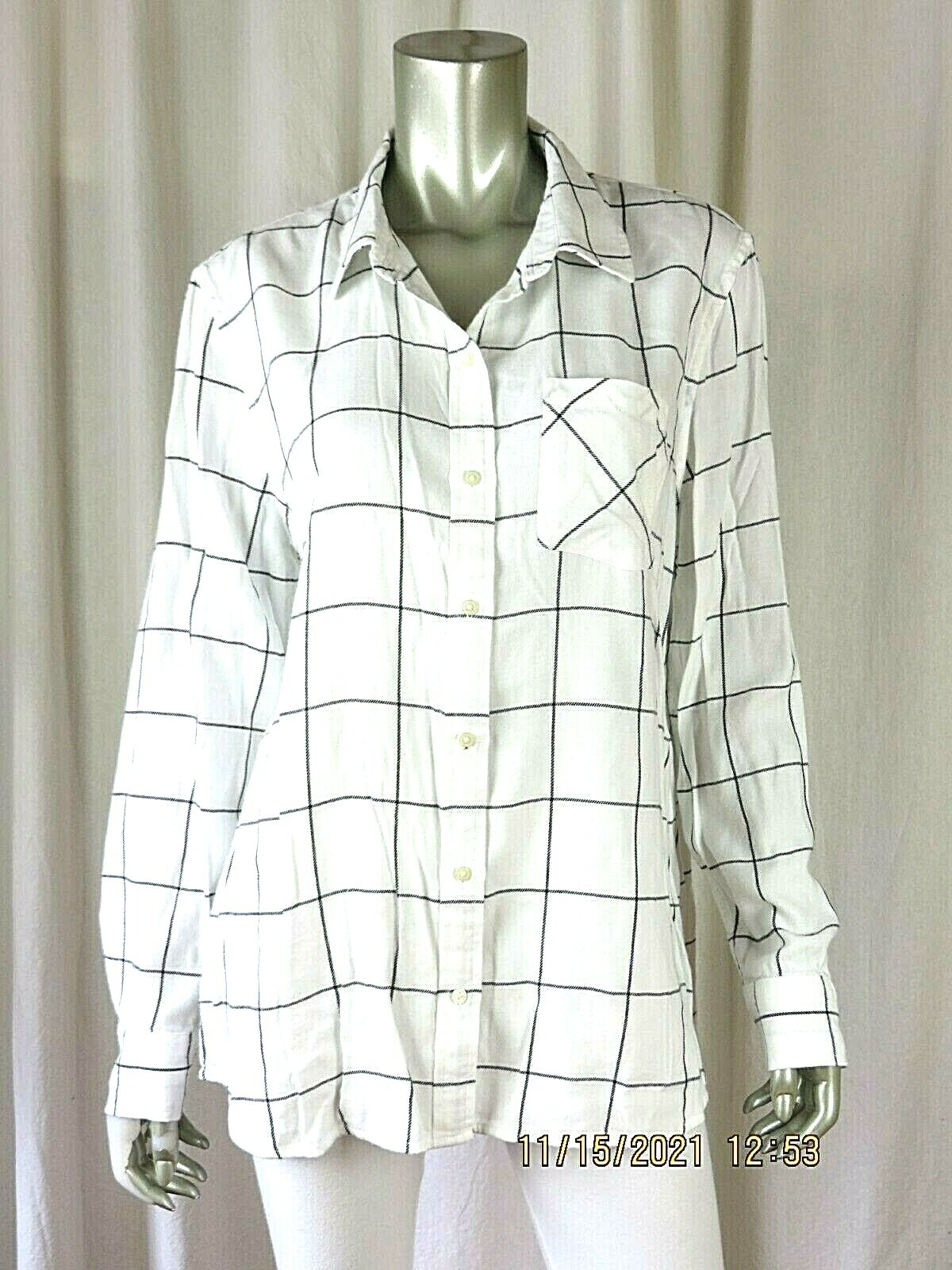 GAP SZ 1X Cotton/Viscose White Charcoal Gray Check Buttoned Shirt Top Blouse