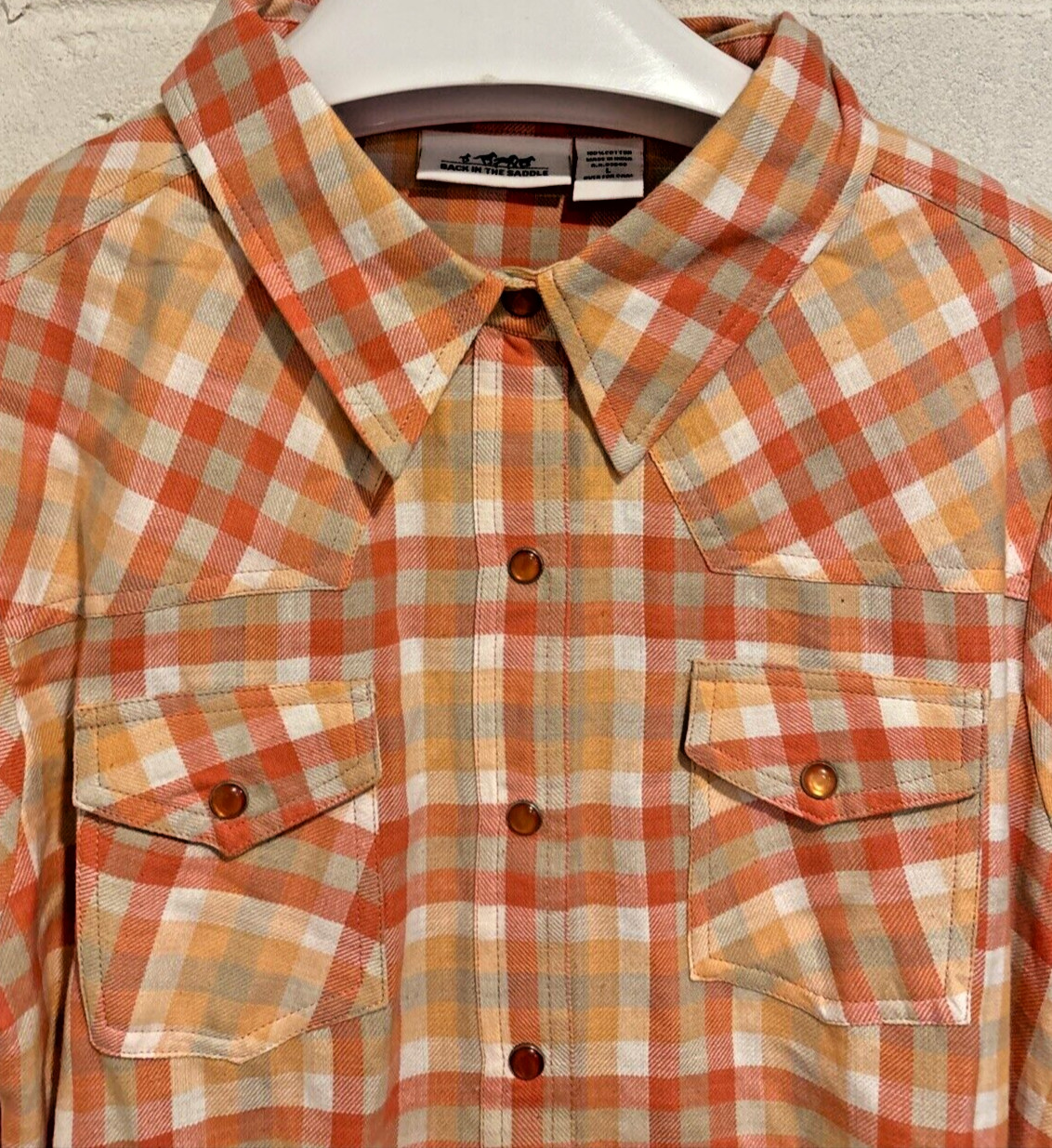 Back In The Saddle Womens Flannel Shirt Button Up Pink Plaid Dropped Hem Size L