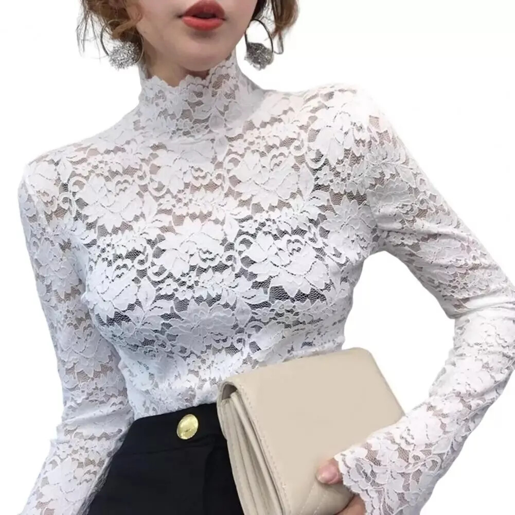 Women Turtleneck Blouse Floral Lace Long Sleeve Tops Hollow Sheer Shirt Pullover