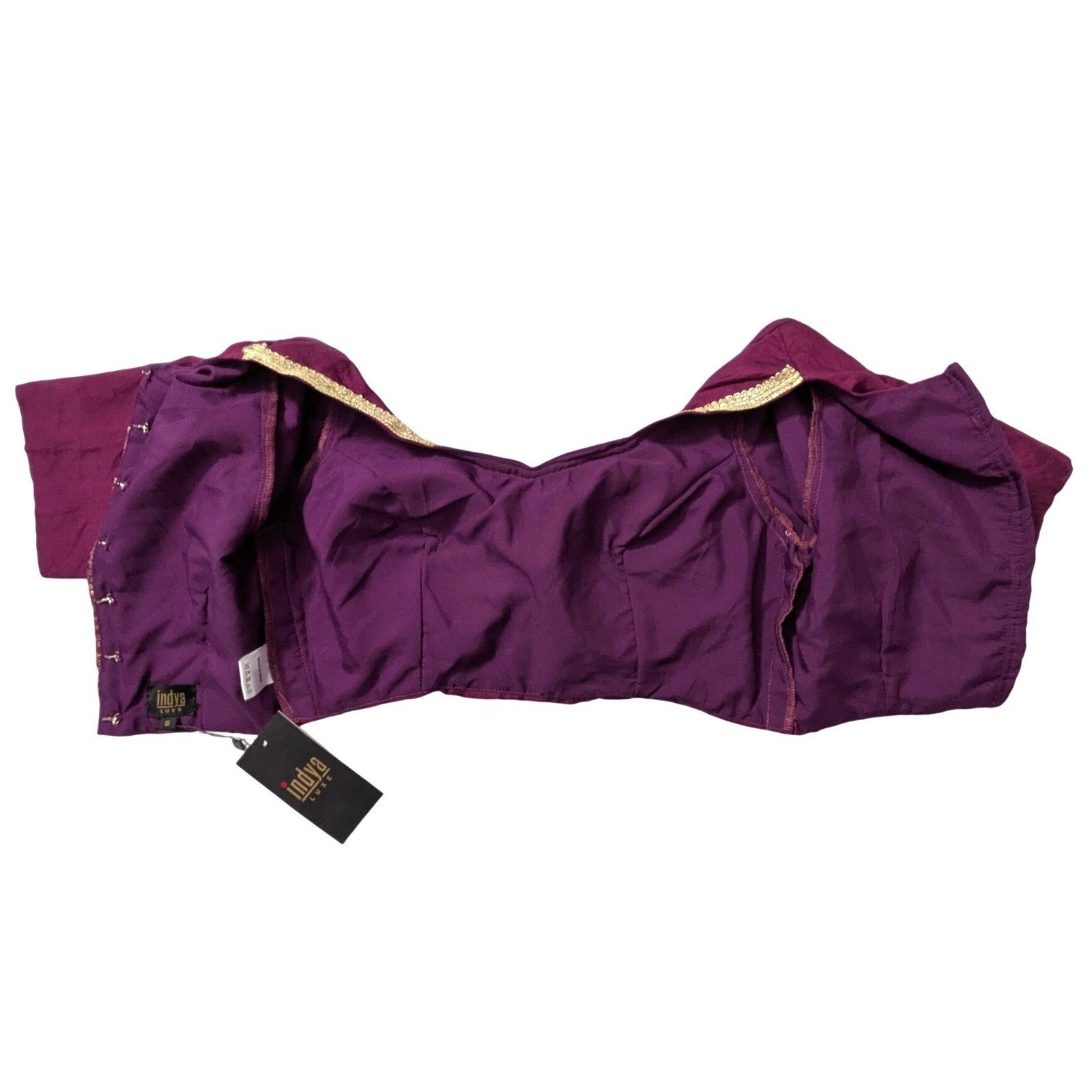 Indya Luxe Purple Plum with Gold Embroidery Sari Saree Blouse Crop Top Sz S NWT