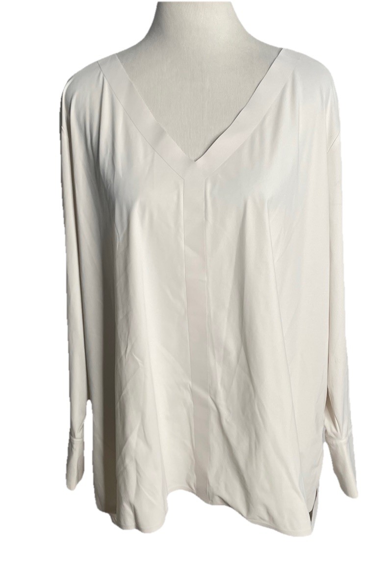 Aday Something Tailored Shirt Women XL Cream V-Neck Side Slits Minimalist