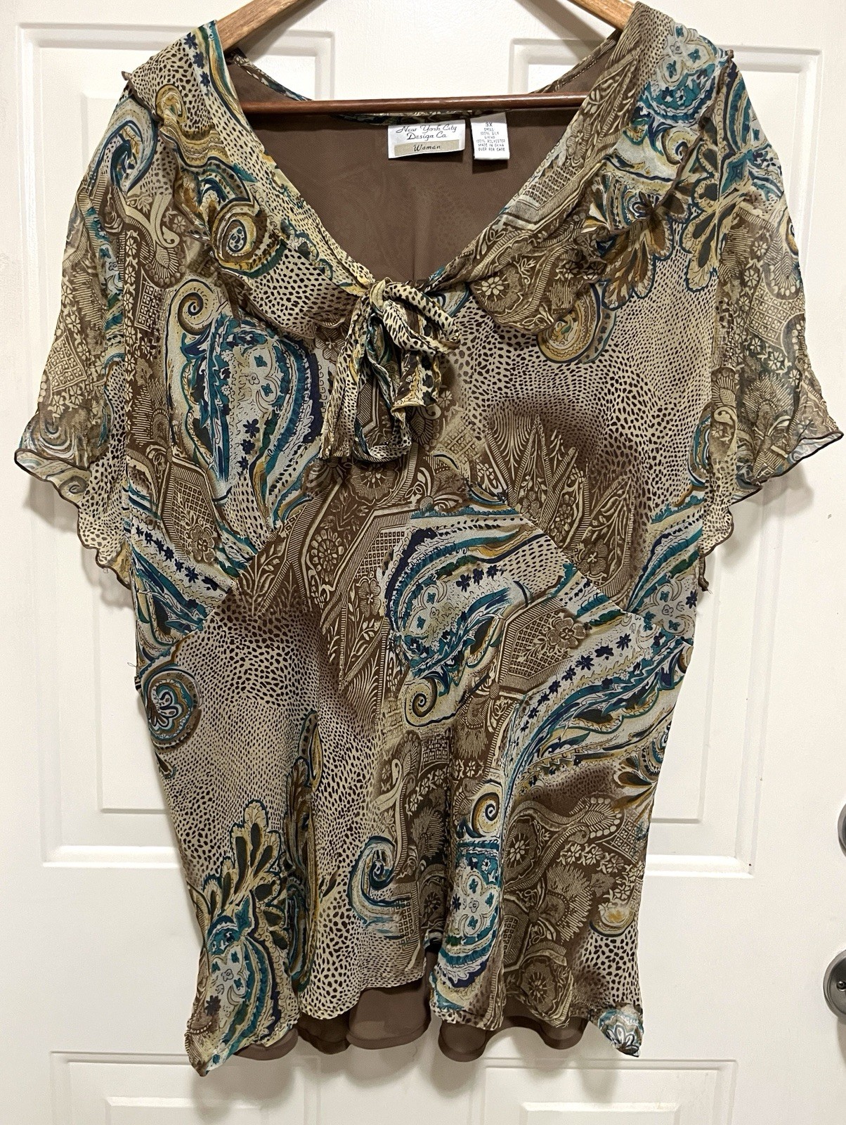 New York City Design Co.Blouse,Silk Shell,3X,Boho,Paisley,Y2K, Tan/Multicolor
