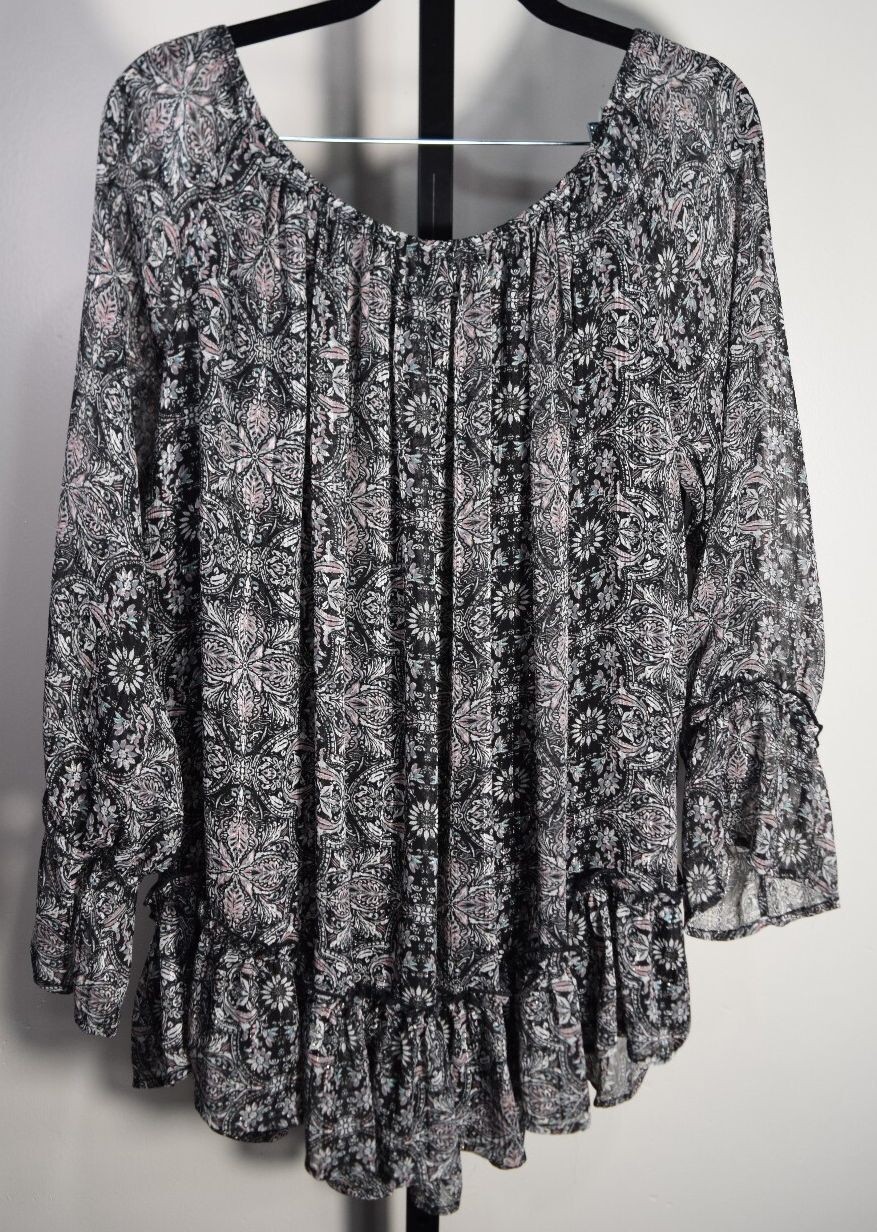 Knox Rose Black Paisley Peasant Blouse Size XL Boho Sheer Long Sleeve Scoop Neck