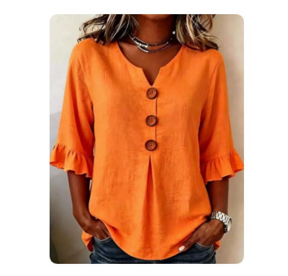 Summer Ruffled-Sleeve Top Loose Casual V-Neck Buttons Short-sleeved Shirts Women