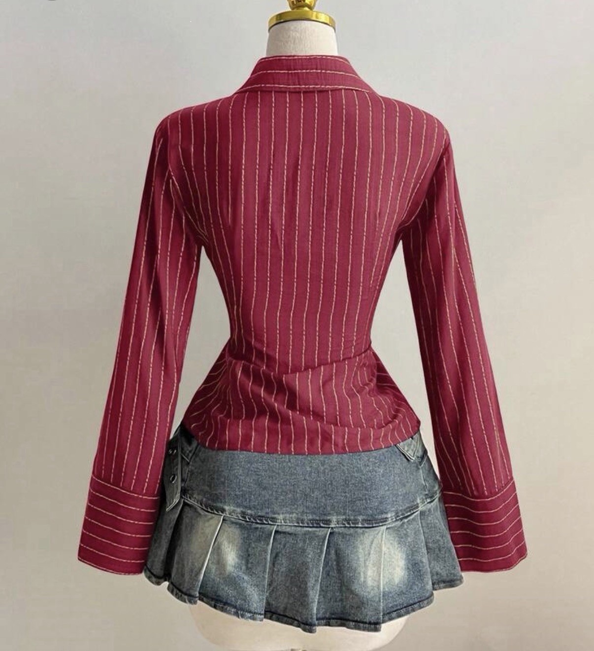 Burgundy/White Striped Collared Long Sleeve Zip Lightweight Blouse Top S