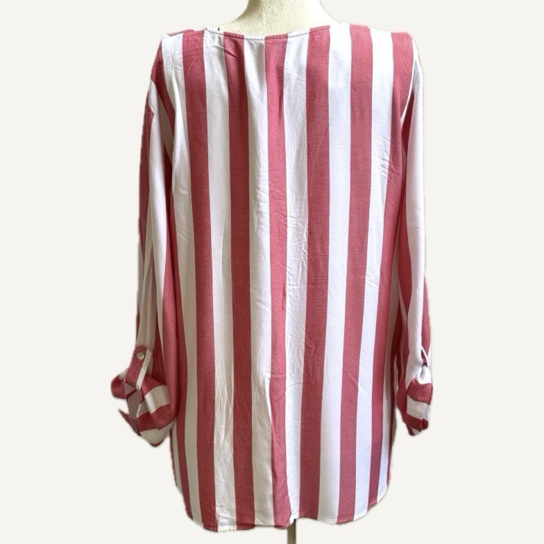 RUBY RD XL Pink White Cabana Stripe Rayon Split Neck Roll Tab Tunic Blouse