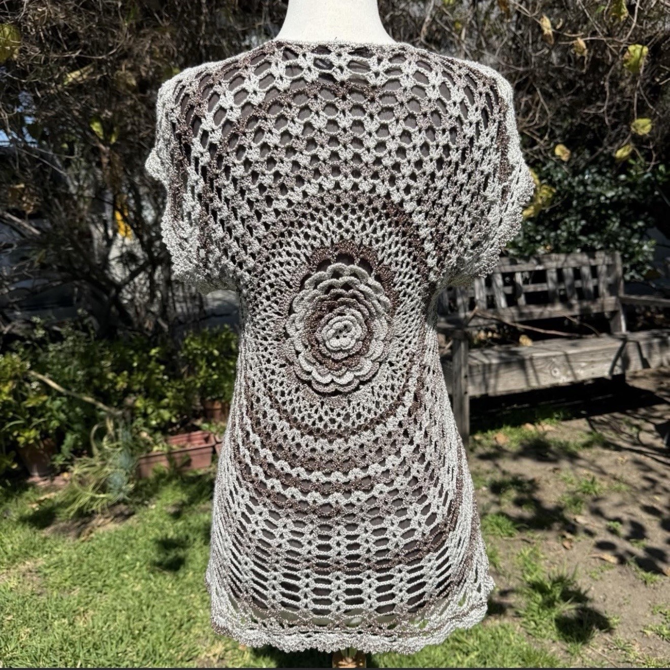 Vtg Y2K Alberto Makali Crochet Knit Mesh Layered Top Brown Metallic Medallion M