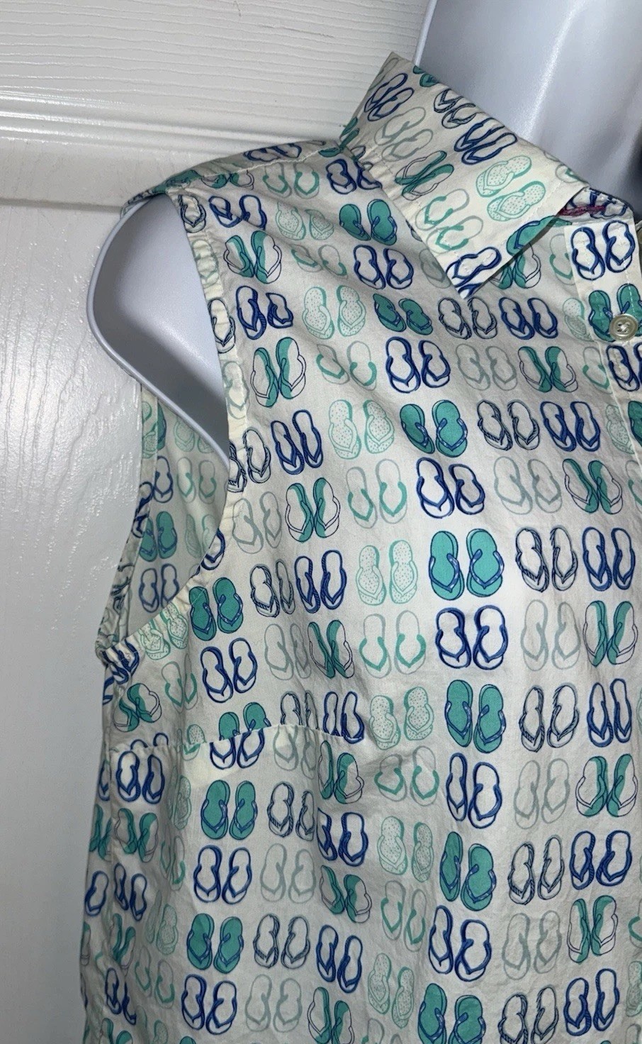 Talbots Sz 10 Blue White 100% Cotton Flip Flops Print Sleeveless Top EUC