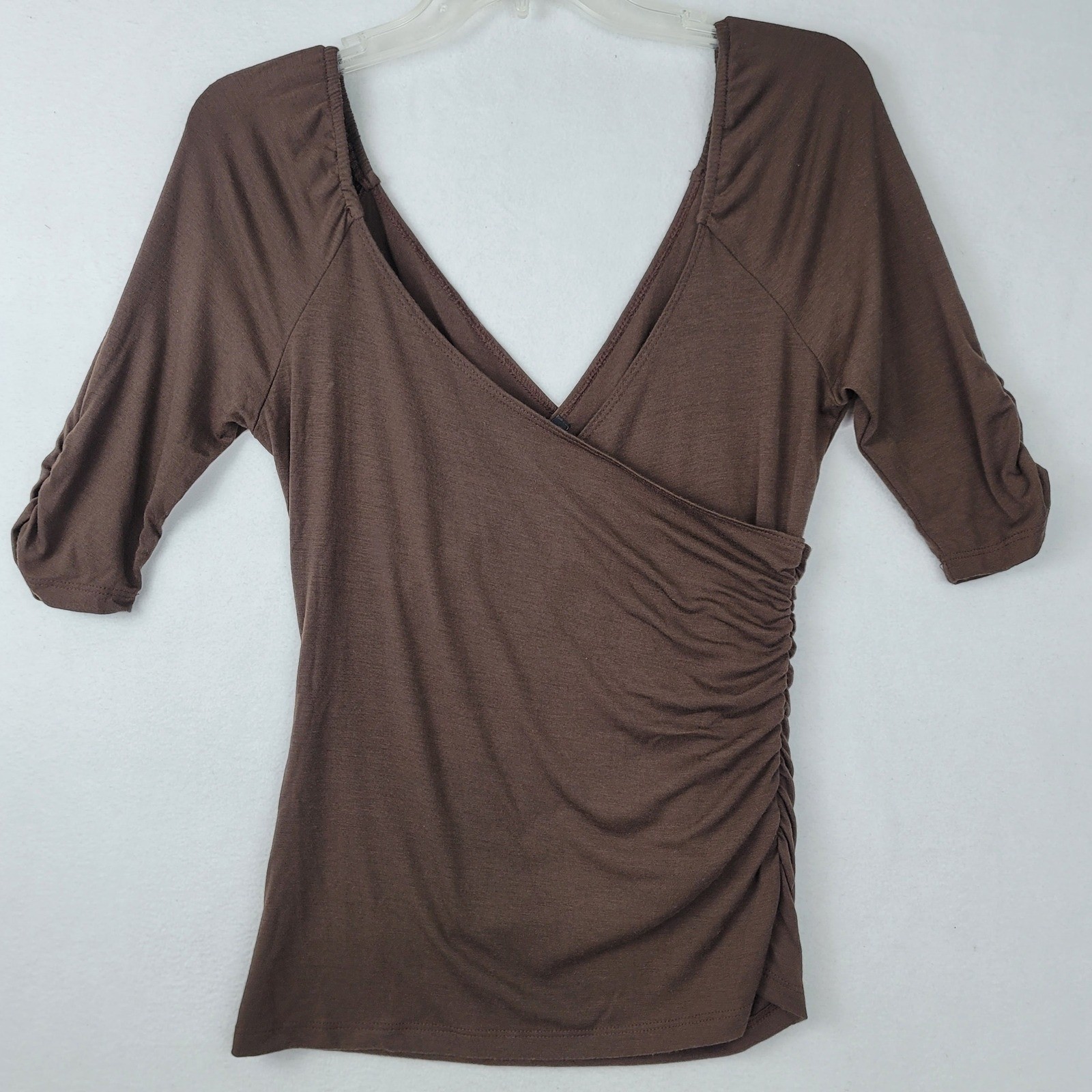 Sele Womens Brown Ruched Surplice V-Neck 3/4 Sleeve Top JAY6435D Large USA