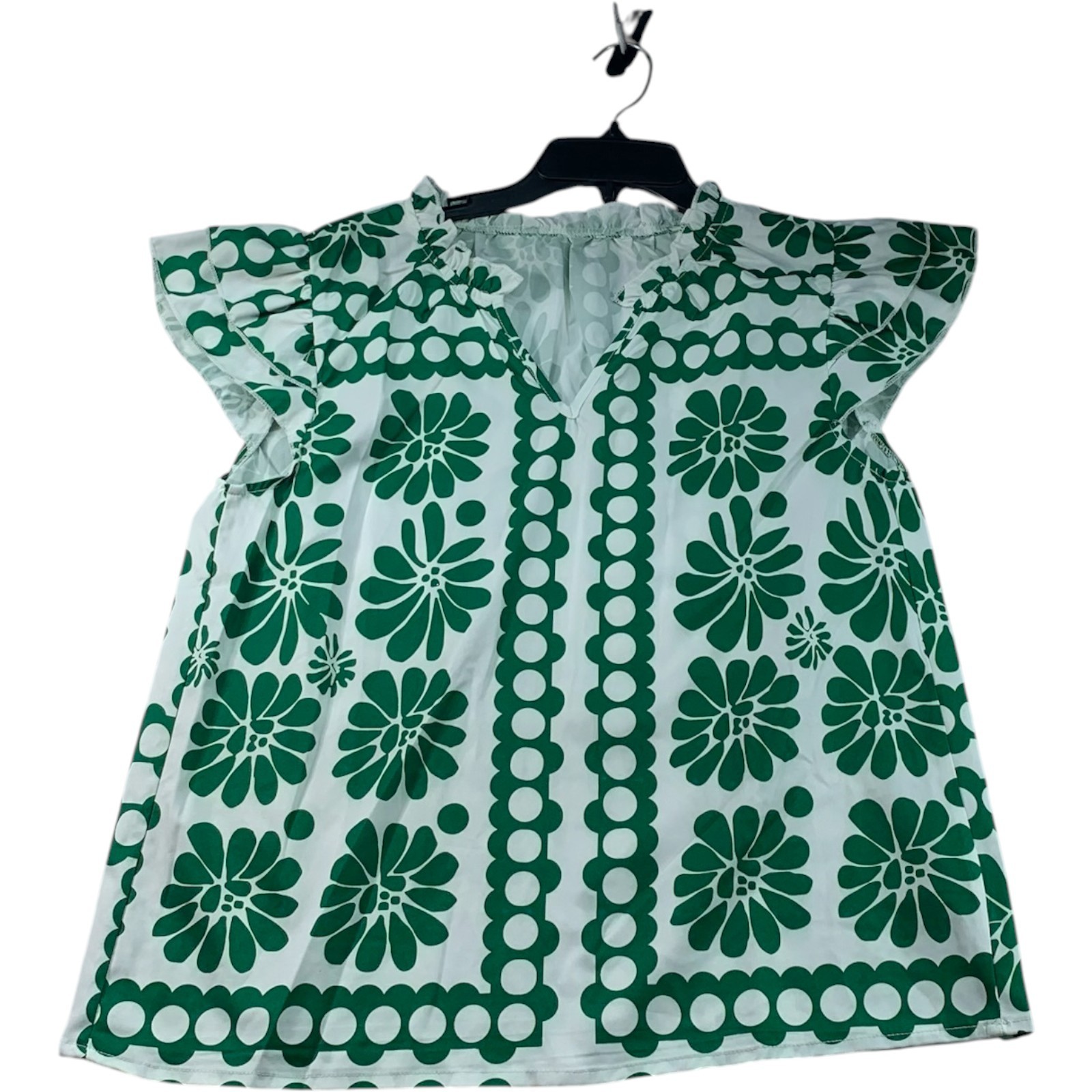 Shein Blouse Womens Size Medium White Green Floral Cap Sleeve Vneck